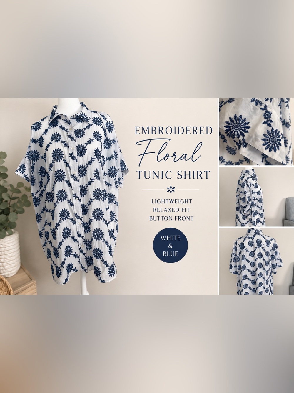 Women’s Embroidered Floral Button Front Tunic Shirt White Blue Oversized XL